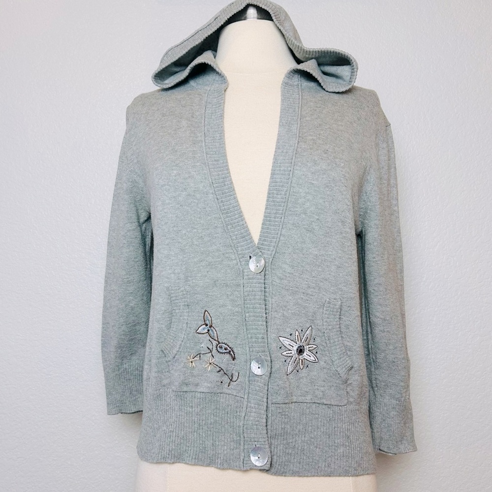 Yuka Cardigan Sweater Women’s Size T-3/S Heather Gray Embroidered Hooded Pockets